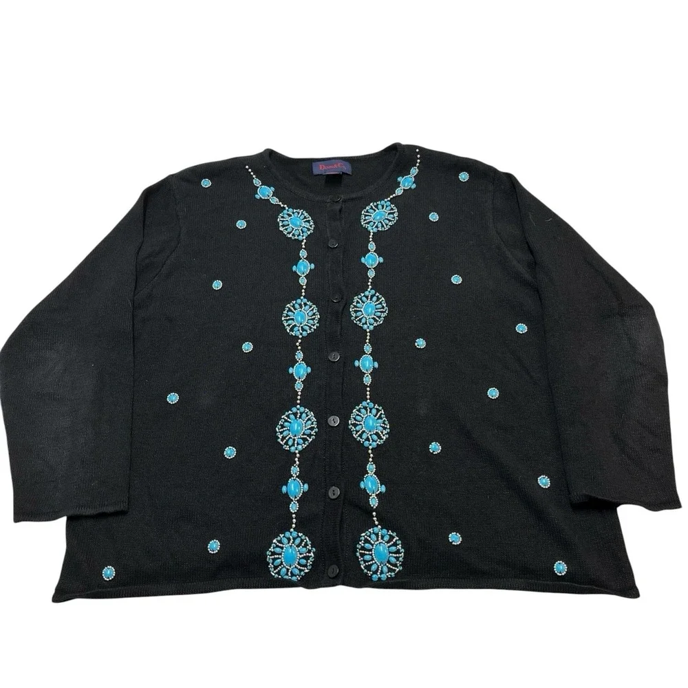 Denim & Co Sweater 2X Black Turquoise Silver Beaded Embellished Cardigan Western